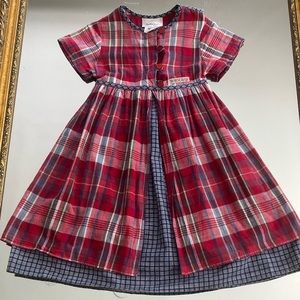 Charming Bonnie Jean School dress Sz6 pinafore rosettes Red White Blue Plaid EUC